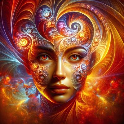 The primary subject of the image is a woman with a unique and artistic appearance. She has a face with a mix of human and animal features, and her eyes are described as "evil." The setting is a vibrant and colorful background, which adds to the overall atmosphere of the image. The visual style is a combination of digital art and illustration, creating a striking and eye-catching portrait. The colors and mood of the image are bold and intense, with a focus on the woman's striking features and
